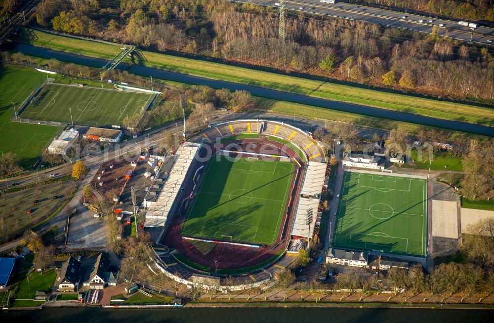 Oberhausen from the bird's eye view: Sports facility grounds of the Arena stadium Stadion Niederrhein on Lindnerstrasse in Oberhausen in the state North Rhine-Westphalia