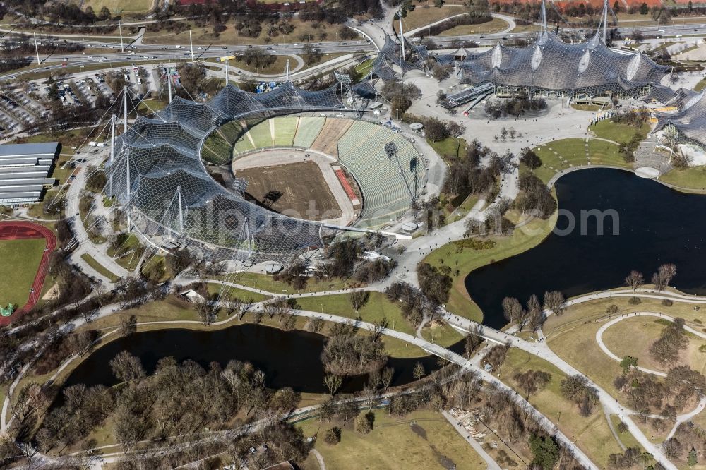 Aerial image München - Sports facility grounds of the Arena stadium Olympiastadion in Munich in the state Bavaria, Germany