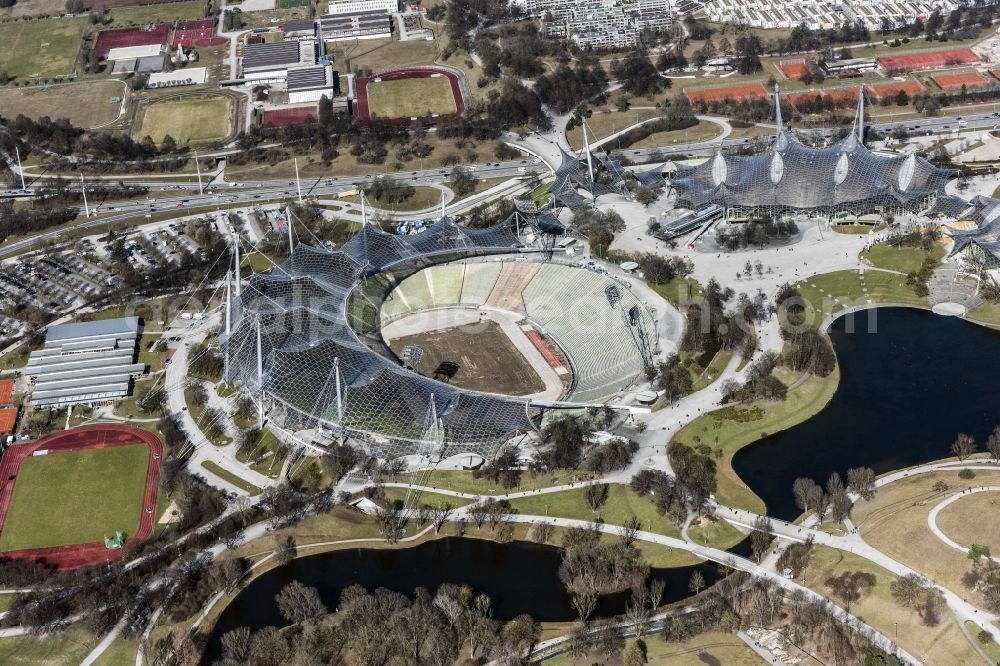 München from above - Sports facility grounds of the Arena stadium Olympiastadion in Munich in the state Bavaria, Germany