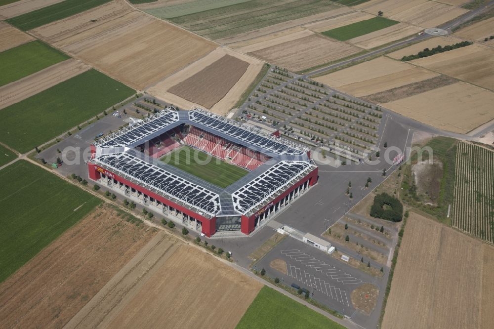 Aerial image Mainz - Sports facility grounds of the arena of the stadium OPEL ARENA (former name Coface Arena) on Eugen-Salomon-Strasse in Mainz in the state Rhineland-Palatinate, Germany