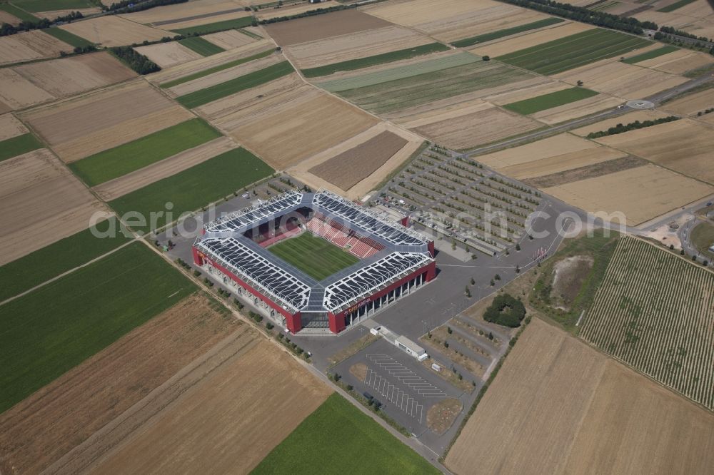 Aerial photograph Mainz - Sports facility grounds of the arena of the stadium OPEL ARENA (former name Coface Arena) on Eugen-Salomon-Strasse in Mainz in the state Rhineland-Palatinate, Germany