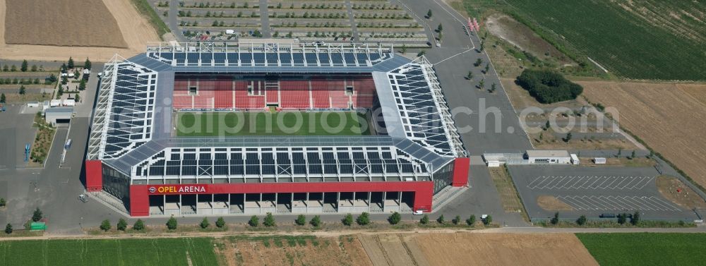 Mainz from above - Sports facility grounds of the arena of the stadium OPEL ARENA (former name Coface Arena) on Eugen-Salomon-Strasse in Mainz in the state Rhineland-Palatinate, Germany