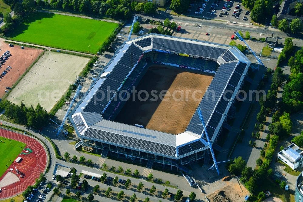 Aerial image Rostock - Sports facility grounds of the Arena stadium Ostseestadion (vormals DKB - Arena) in the district Hansaviertel in Rostock in the state Mecklenburg - Western Pomerania, Germany