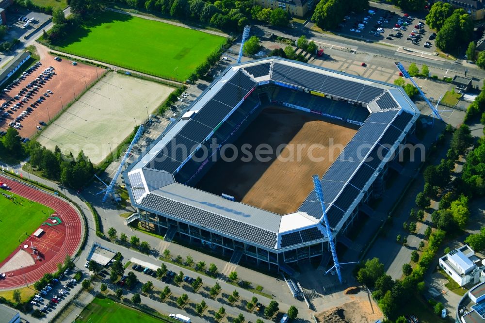 Aerial photograph Rostock - Sports facility grounds of the Arena stadium Ostseestadion (vormals DKB - Arena) in the district Hansaviertel in Rostock in the state Mecklenburg - Western Pomerania, Germany