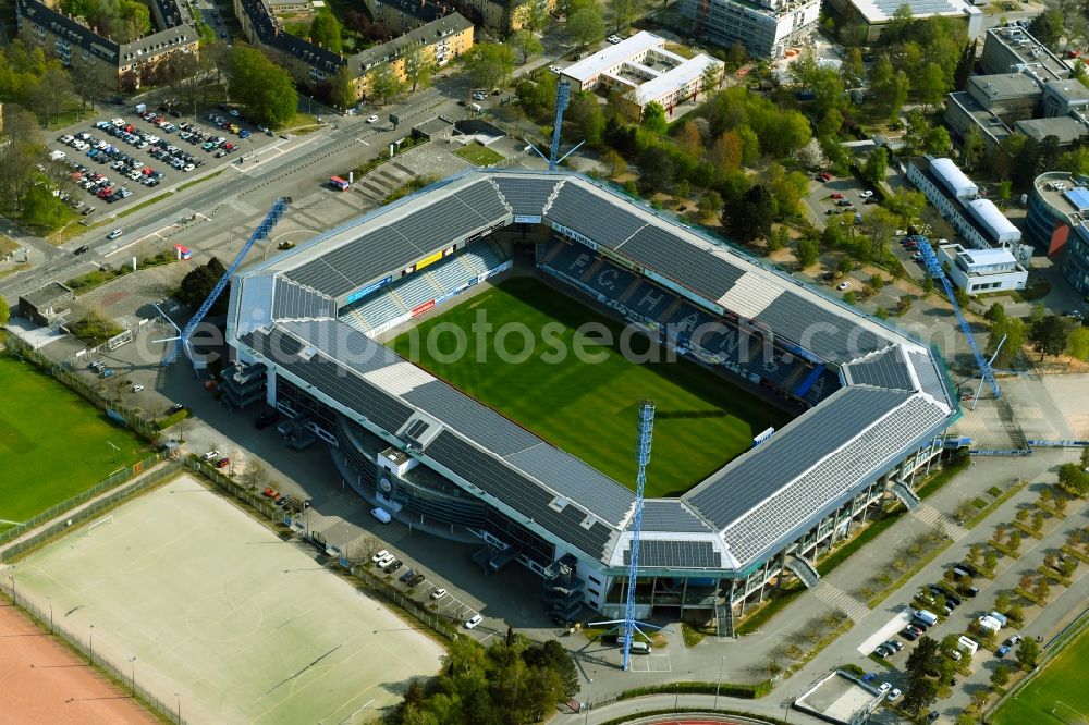 Rostock from above - Sports facility grounds of the Arena stadium Ostseestadion (vormals DKB - Arena) in the district Hansaviertel in Rostock in the state Mecklenburg - Western Pomerania, Germany