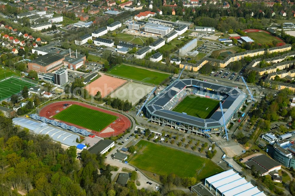 Aerial image Rostock - Sports facility grounds of the Arena stadium Ostseestadion (vormals DKB - Arena) in the district Hansaviertel in Rostock in the state Mecklenburg - Western Pomerania, Germany