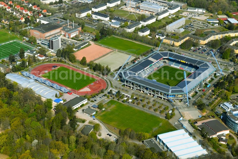 Aerial photograph Rostock - Sports facility grounds of the Arena stadium Ostseestadion (vormals DKB - Arena) in the district Hansaviertel in Rostock in the state Mecklenburg - Western Pomerania, Germany