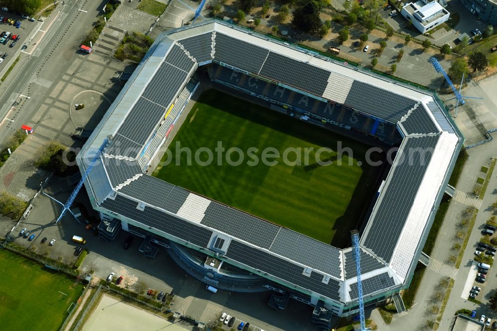 Rostock from the bird's eye view: Sports facility grounds of the Arena stadium Ostseestadion (vormals DKB - Arena) in the district Hansaviertel in Rostock in the state Mecklenburg - Western Pomerania, Germany