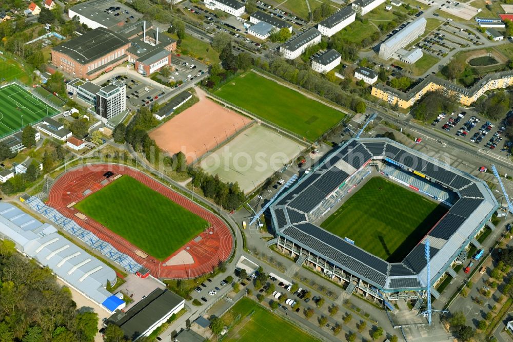 Aerial image Rostock - Sports facility grounds of the Arena stadium Ostseestadion (vormals DKB - Arena) in the district Hansaviertel in Rostock in the state Mecklenburg - Western Pomerania, Germany