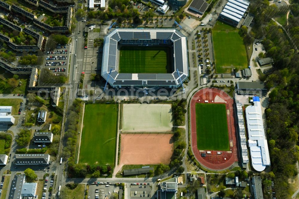 Aerial photograph Rostock - Sports facility grounds of the Arena stadium Ostseestadion (vormals DKB - Arena) in the district Hansaviertel in Rostock in the state Mecklenburg - Western Pomerania, Germany