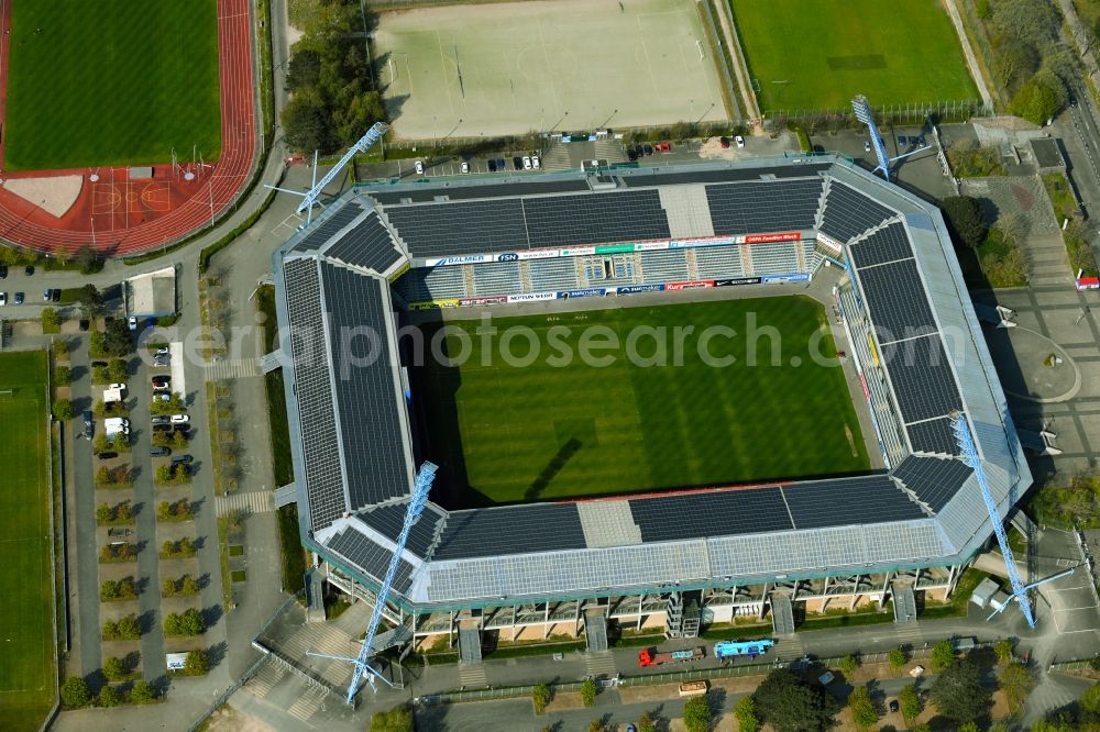 Rostock from the bird's eye view: Sports facility grounds of the Arena stadium Ostseestadion (vormals DKB - Arena) in the district Hansaviertel in Rostock in the state Mecklenburg - Western Pomerania, Germany