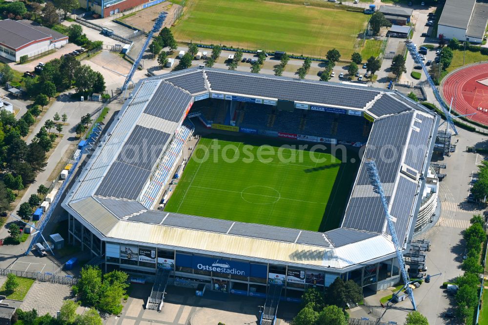 Rostock from above - Sports facility area of the arena of the Ostseestadion stadium (formerly DKB Arena) on Kopernikusstrasse in the Hansaviertel district of Rostock in the federal state of Mecklenburg-Vorpommern, Germany