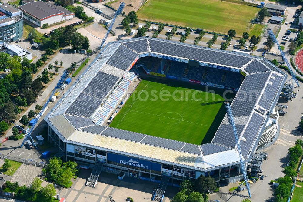 Rostock from the bird's eye view: Sports facility area of the arena of the Ostseestadion stadium (formerly DKB Arena) on Kopernikusstrasse in the Hansaviertel district of Rostock in the federal state of Mecklenburg-Vorpommern, Germany