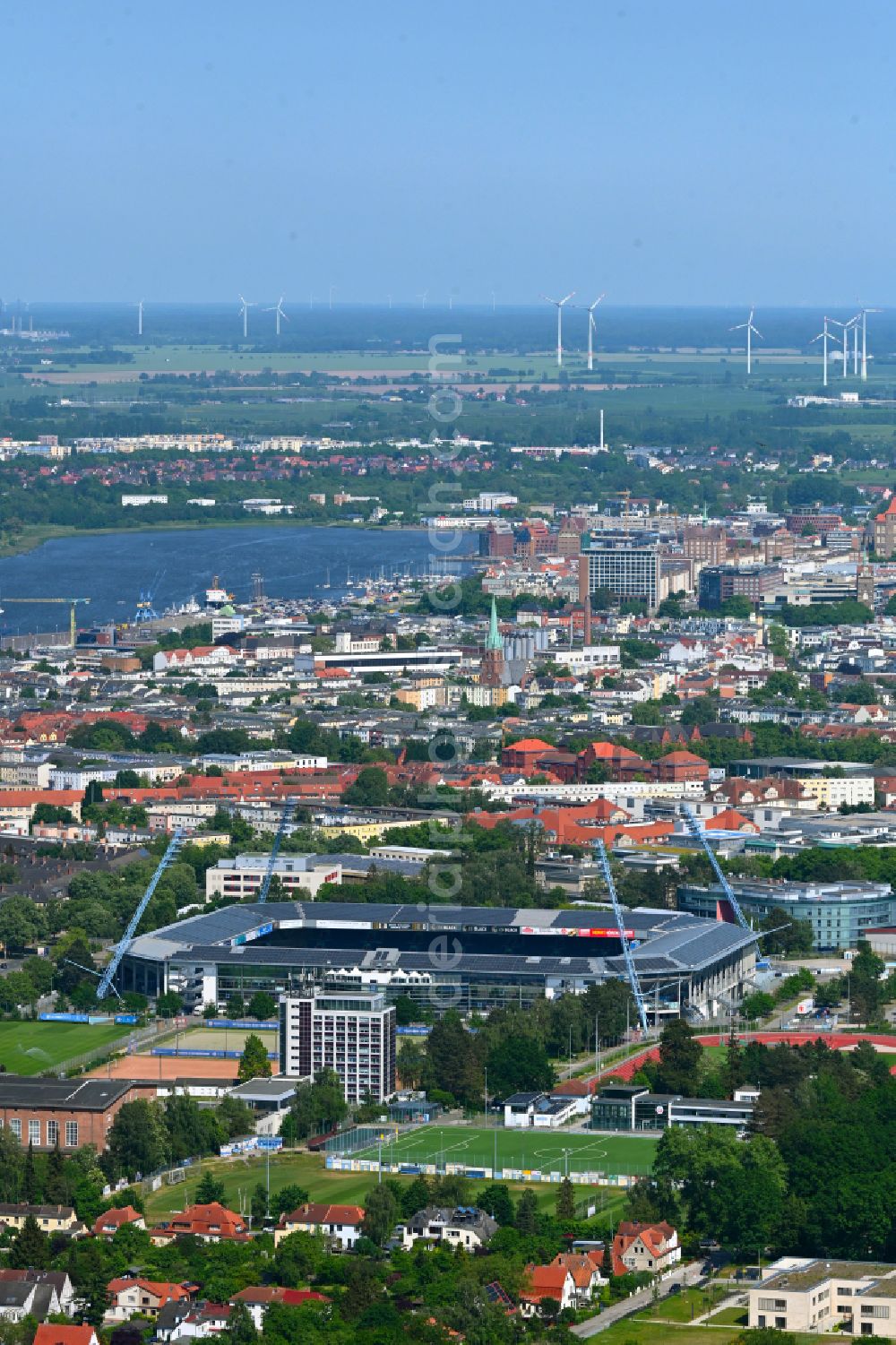 Rostock from the bird's eye view: Sports facility area of the arena of the Ostseestadion stadium (formerly DKB Arena) on Kopernikusstrasse in the Hansaviertel district of Rostock in the federal state of Mecklenburg-Vorpommern, Germany