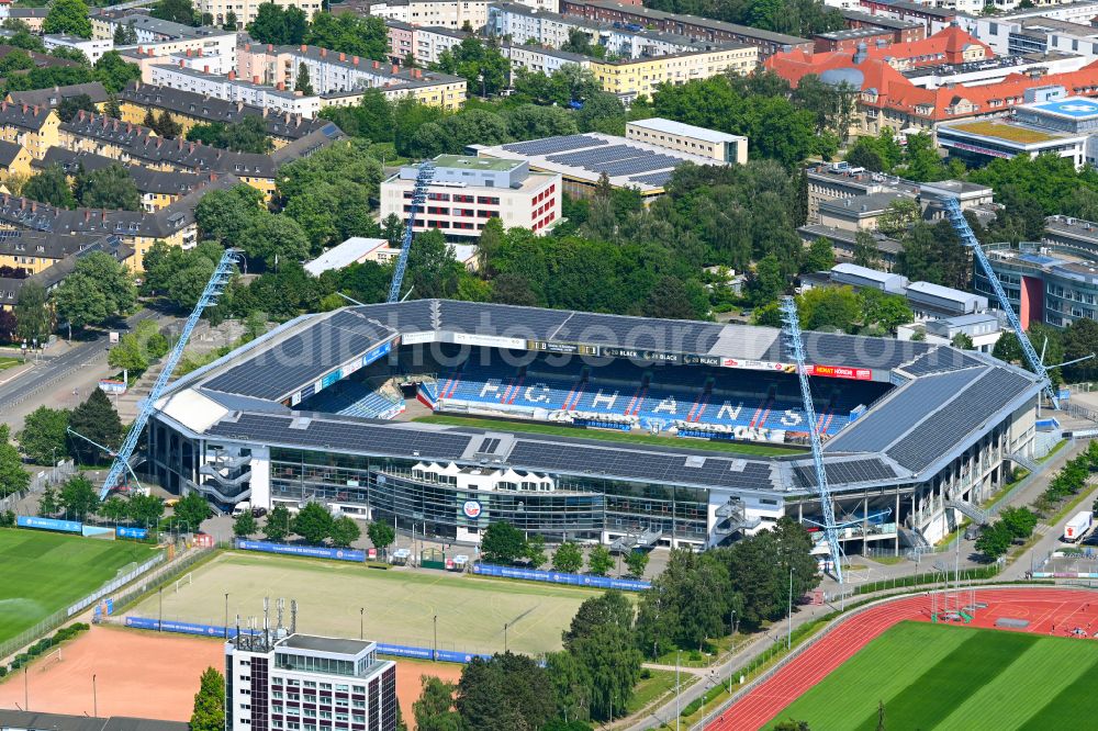 Aerial image Rostock - Sports facility area of the arena of the Ostseestadion stadium (formerly DKB Arena) on Kopernikusstrasse in the Hansaviertel district of Rostock in the federal state of Mecklenburg-Vorpommern, Germany