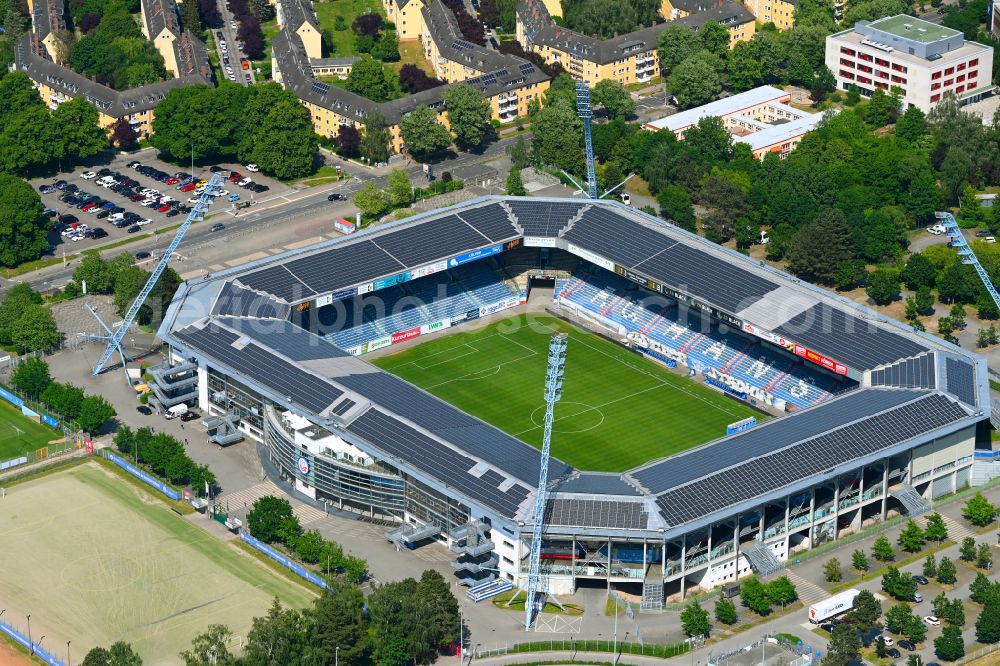 Aerial photograph Rostock - Sports facility area of the arena of the Ostseestadion stadium (formerly DKB Arena) on Kopernikusstrasse in the Hansaviertel district of Rostock in the federal state of Mecklenburg-Vorpommern, Germany