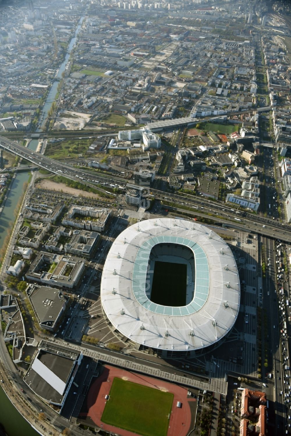 Paris Saint-Denis from the bird's eye view: Sports facility grounds of the arena of the Stade de France before the European Football Championship Euro 2016 in Paris -Saint-Denis in Ile-de-France, France