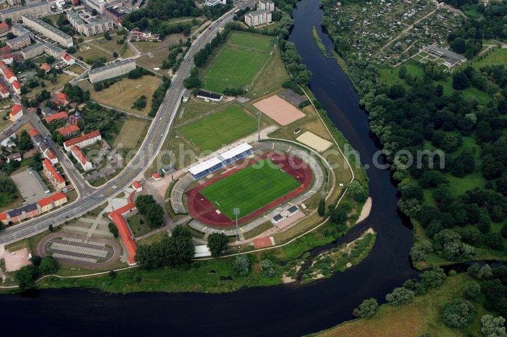 Dessau from above - Sports facility grounds of the Arena stadium Paul-Greifzu-Stadion at Mulde River in Dessau in the state Saxony-Anhalt, Germany