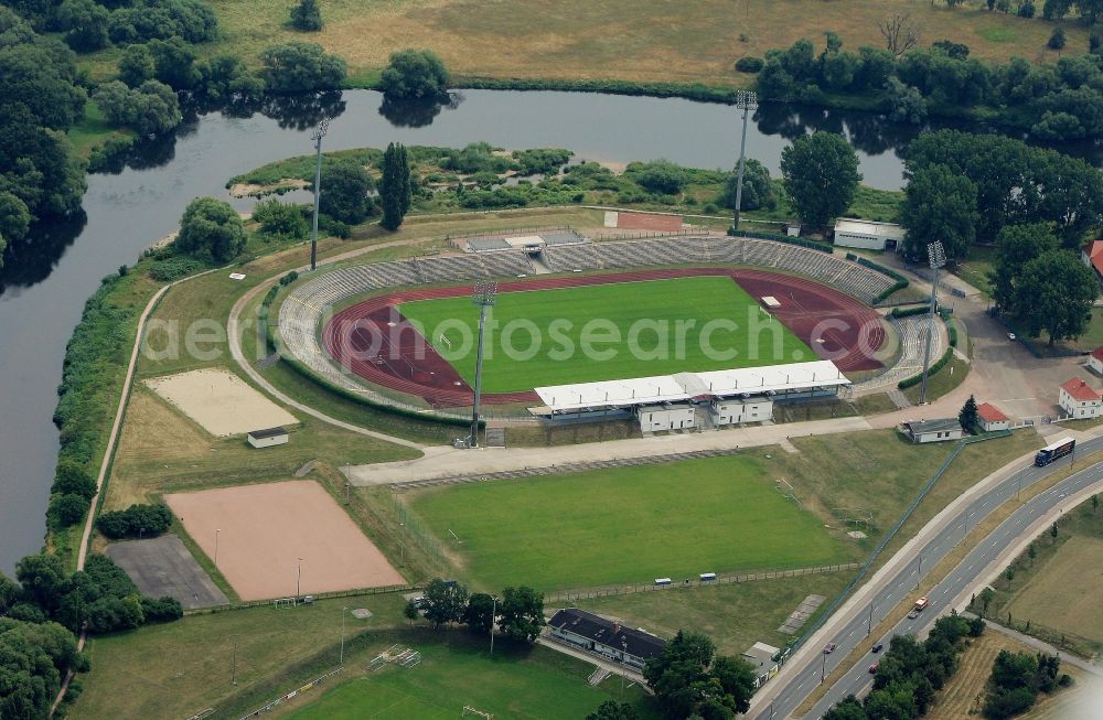 Aerial image Dessau - Sports facility grounds of the Arena stadium Paul-Greifzu-Stadion at Mulde River in Dessau in the state Saxony-Anhalt, Germany