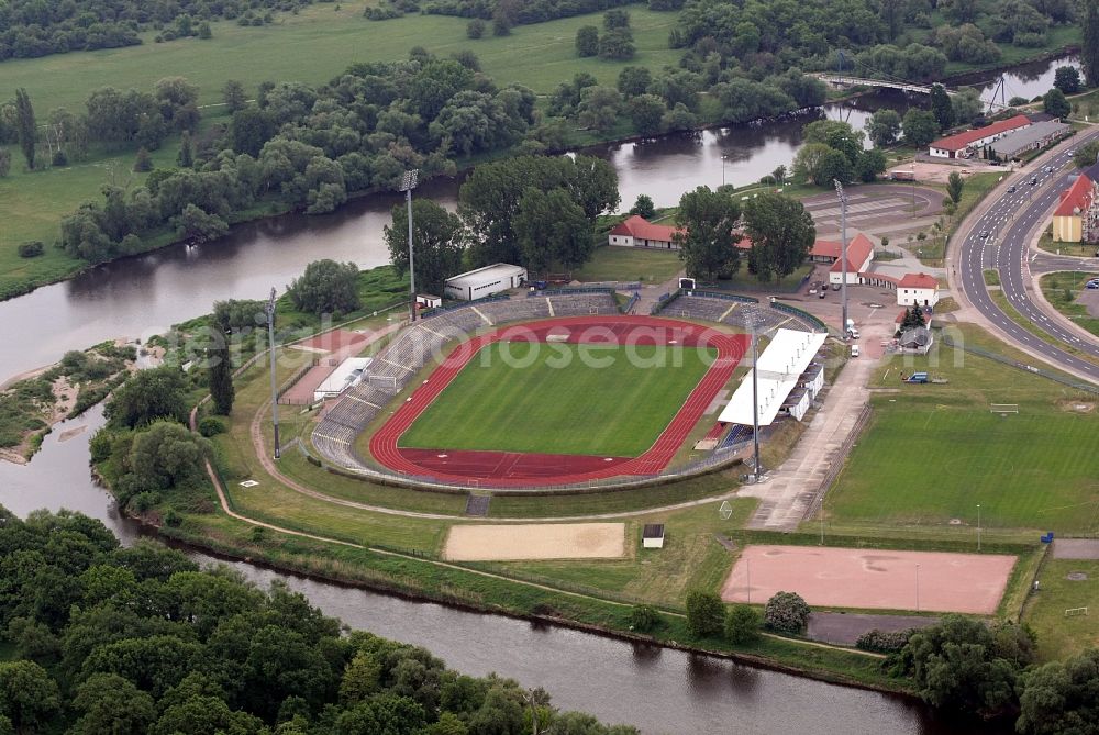 Dessau from above - Sports facility grounds of the Arena stadium Paul-Greifzu-Stadion at Mulde River in Dessau in the state Saxony-Anhalt, Germany