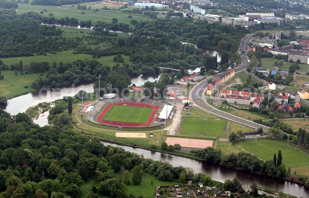 Aerial image Dessau - Sports facility grounds of the Arena stadium Paul-Greifzu-Stadion at Mulde River in Dessau in the state Saxony-Anhalt, Germany