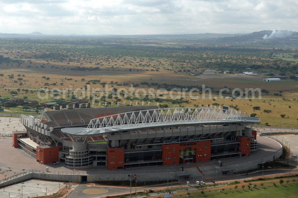 Polokwane from above - Sports facility grounds of the Arena stadium Peter Mokaba Stadium of Polokwane City F.C. on street Magasyn Street to the FIFA World Cup 2010 in Polokwane in Limpopo, South Africa