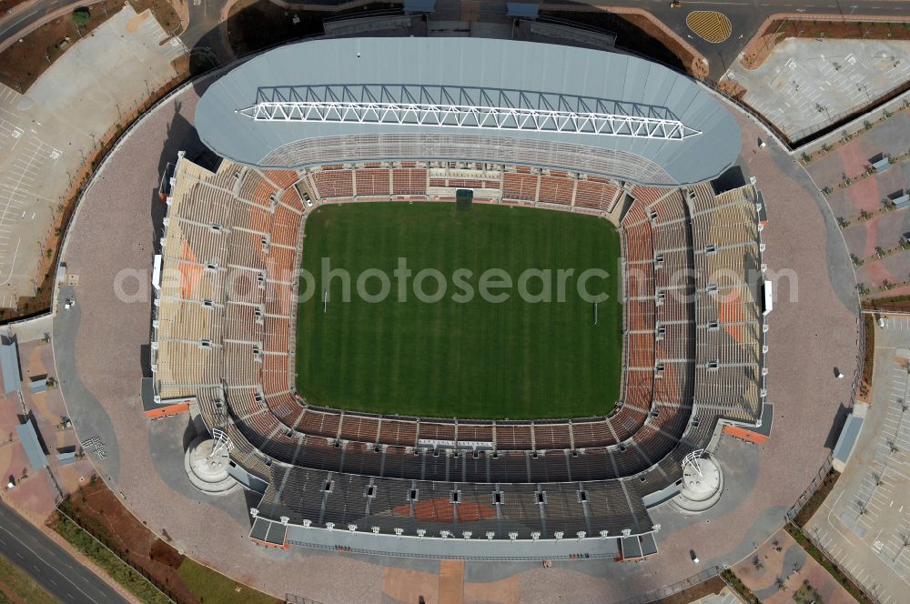 Polokwane from above - Sports facility grounds of the Arena stadium Peter Mokaba Stadium of Polokwane City F.C. on street Magasyn Street to the FIFA World Cup 2010 in Polokwane in Limpopo, South Africa