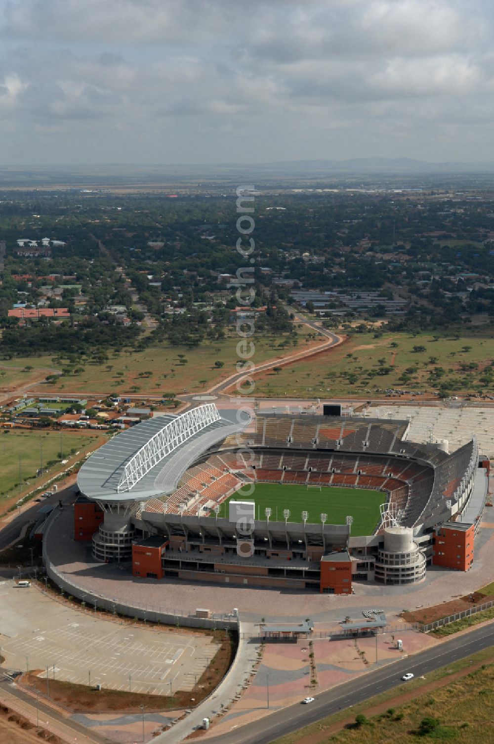 Polokwane from the bird's eye view: Sports facility grounds of the Arena stadium Peter Mokaba Stadium of Polokwane City F.C. on street Magasyn Street to the FIFA World Cup 2010 in Polokwane in Limpopo, South Africa