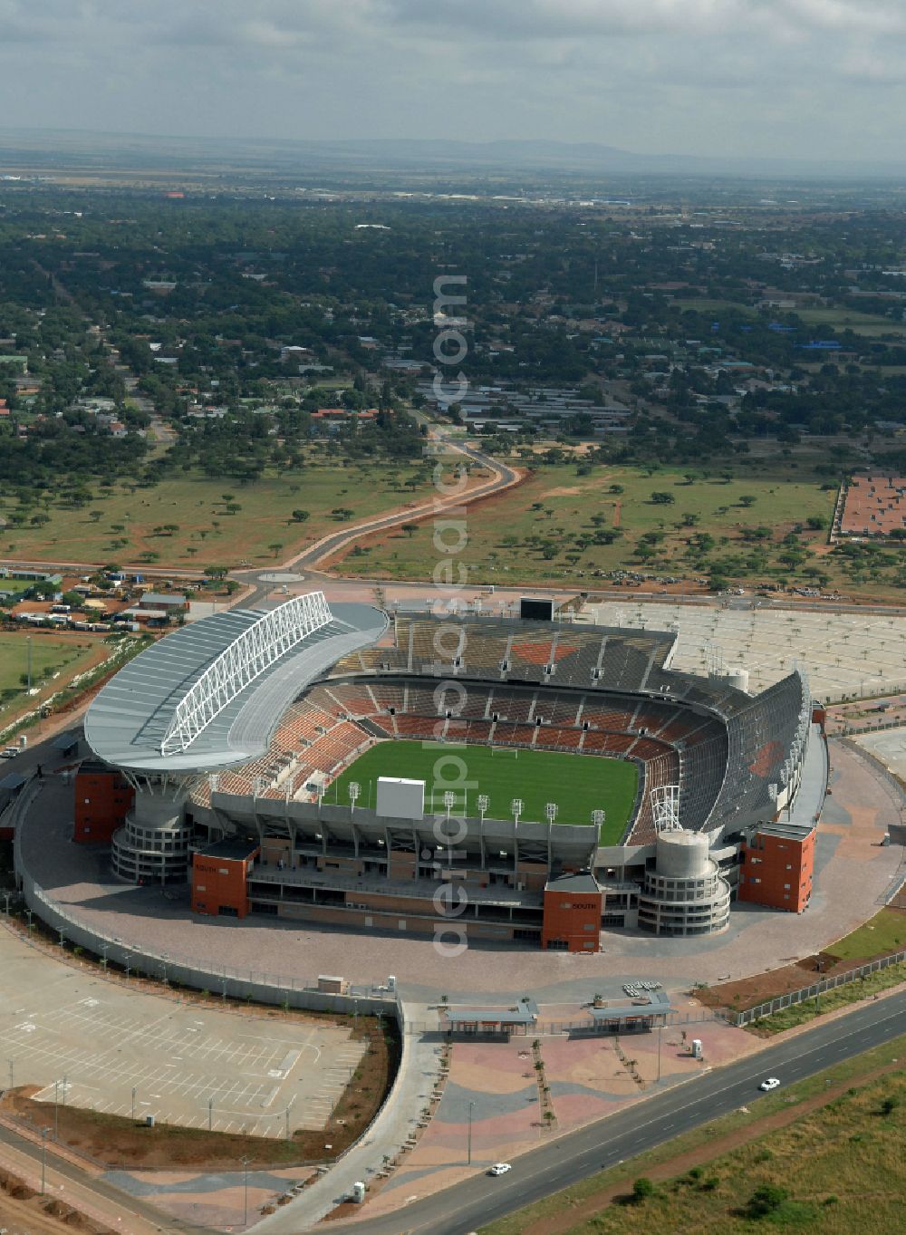 Aerial image Polokwane - Sports facility grounds of the Arena stadium Peter Mokaba Stadium of Polokwane City F.C. on street Magasyn Street to the FIFA World Cup 2010 in Polokwane in Limpopo, South Africa