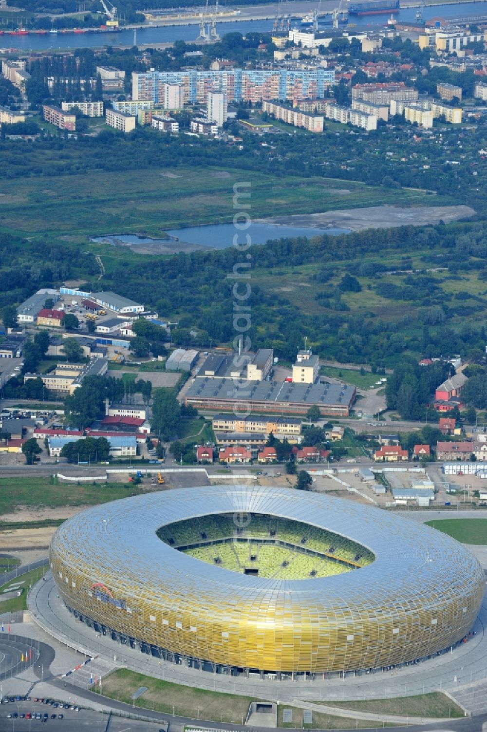 Gdansk - Danzig from above - Sports facility grounds of the Arena stadium PGE Arena - Parking Stadionu Energa in the district Letnica in Gdansk - Danzig in Pomorskie, Poland