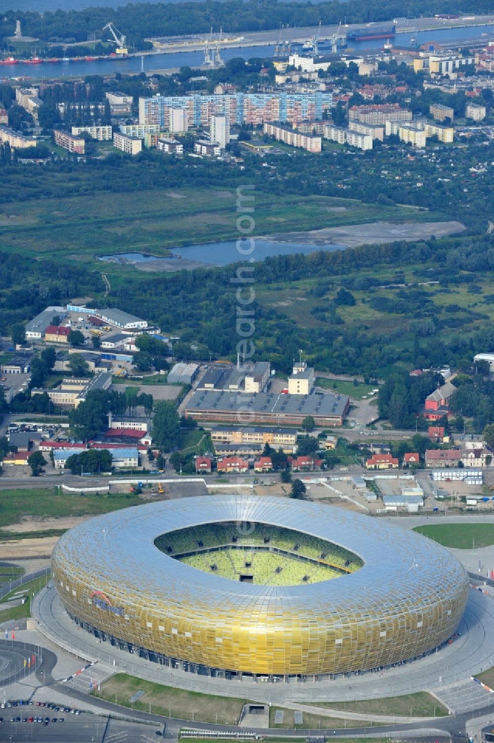 Gdansk - Danzig from the bird's eye view: Sports facility grounds of the Arena stadium PGE Arena - Parking Stadionu Energa in the district Letnica in Gdansk - Danzig in Pomorskie, Poland