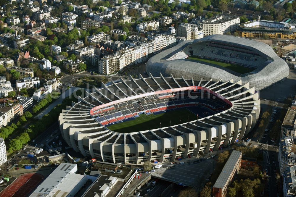 Paris Boulogne-Billancourt from the bird's eye view: Sports facility grounds of the arena of the stadium Parc des Princes on Rue du Commandant Guilbaud in Paris Boulogne-Billancourt, Ile-de-France, France