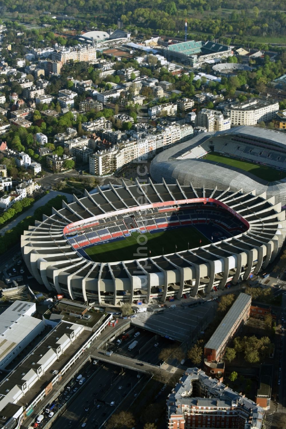 Paris from the bird's eye view: Sports facility grounds of the arena of the stadium Parc des Princes on Rue du Commandant Guilbaud in Paris Boulogne-Billancourt, Ile-de-France, France