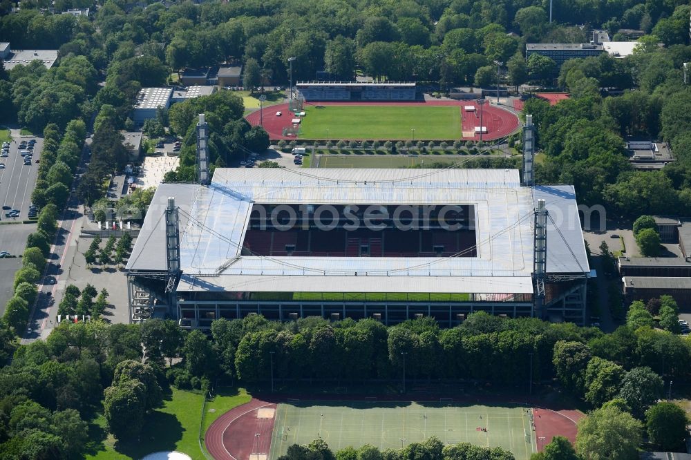 Köln from above - Sports facility grounds of the Arena stadium RheinEnergieSTADION in the district Lindenthal in Cologne in the state North Rhine-Westphalia, Germany