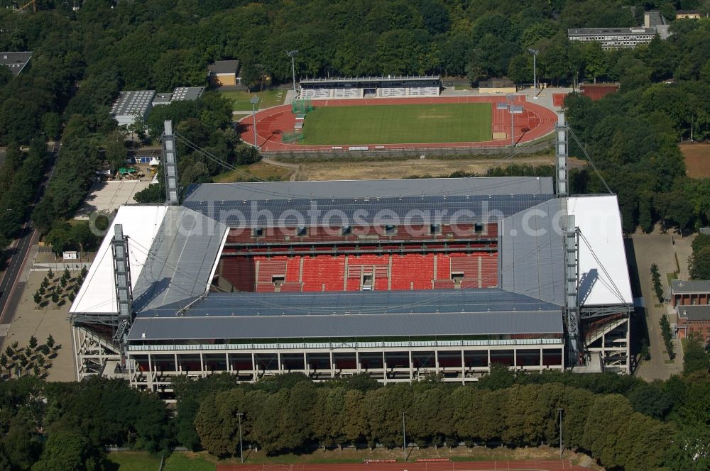 Aerial photograph Köln - Sports facility grounds of the Arena stadium RheinEnergieSTADION in the district Lindenthal in Cologne in the state North Rhine-Westphalia, Germany