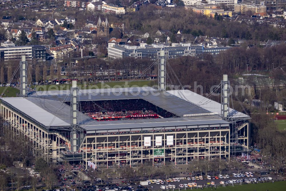 Aerial photograph Müngersdorf - Sports facility grounds of the Arena stadium RheinEnergieSTADION in the district Lindenthal in Cologne in the state North Rhine-Westphalia, Germany