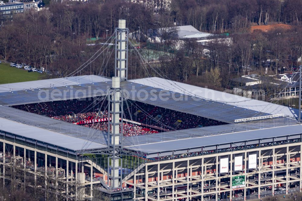 Müngersdorf from above - Sports facility grounds of the Arena stadium RheinEnergieSTADION in the district Lindenthal in Cologne in the state North Rhine-Westphalia, Germany