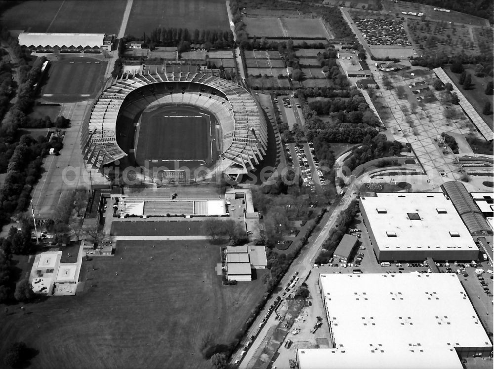 Düsseldorf from the bird's eye view: Sports facility grounds of the Arena stadium Rheinstadion in the district Stockum in Duesseldorf in the state North Rhine-Westphalia, Germany