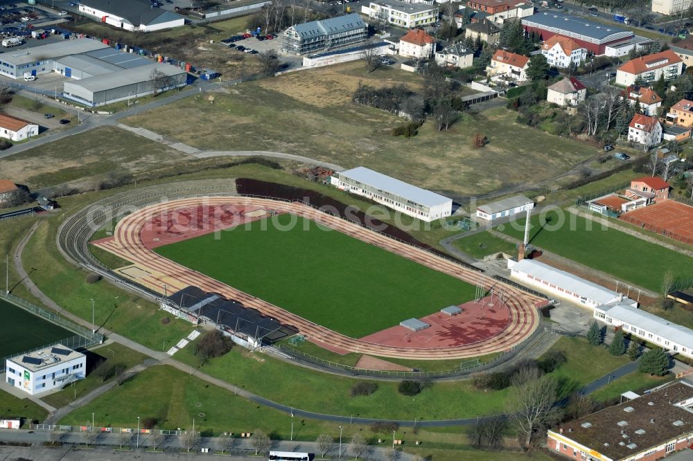 Aerial image Riesa - Sports facility grounds of the Arena stadium Leichtathletikstadion Pausitzer Delle in Riesa in the state Saxony