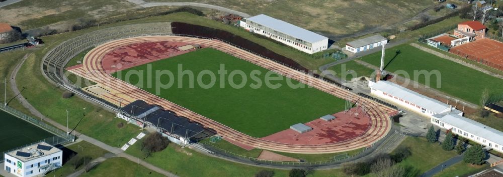 Aerial photograph Riesa - Sports facility grounds of the Arena stadium Leichtathletikstadion Pausitzer Delle in Riesa in the state Saxony