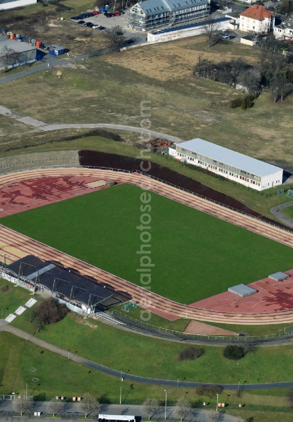 Riesa from the bird's eye view: Sports facility grounds of the Arena stadium Leichtathletikstadion Pausitzer Delle in Riesa in the state Saxony