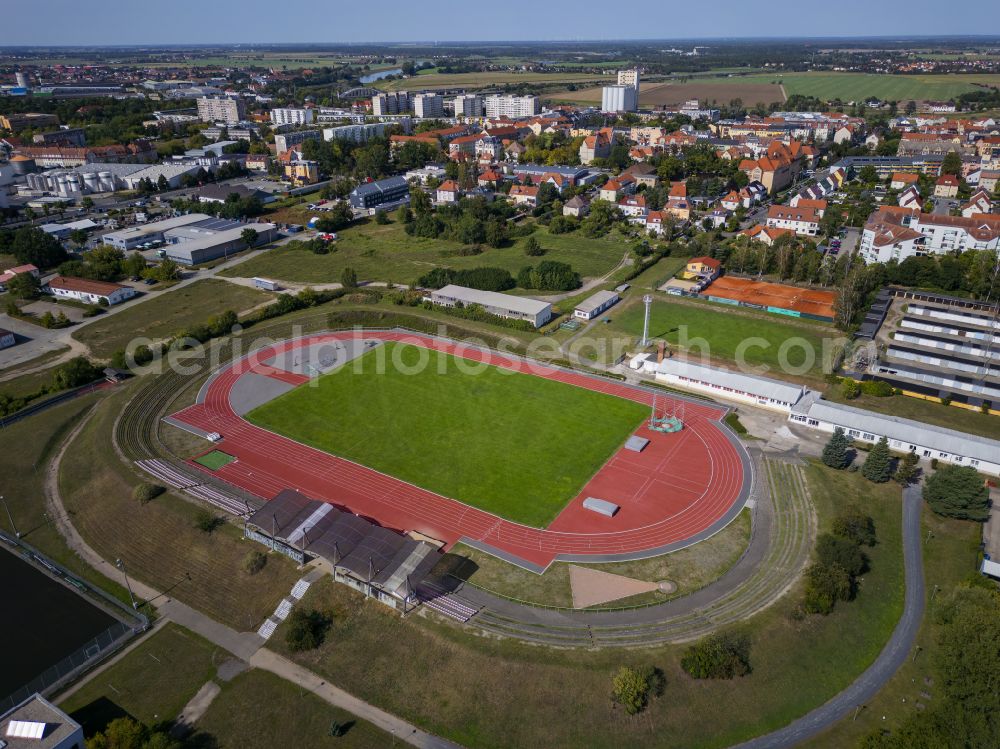 Aerial photograph Riesa - Sports facility grounds of the Arena stadium Leichtathletikstadion Pausitzer Delle in Riesa in the state Saxony