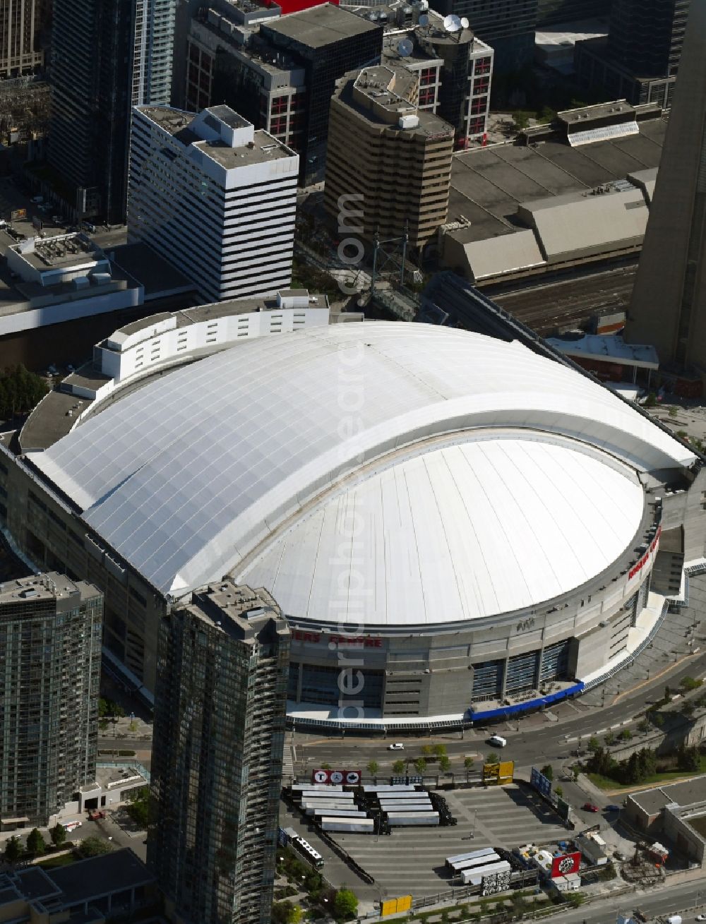 Toronto from above - Sports facility grounds of the Arena stadium Rogers Centre (formerly also called Sky Dome)on Blue Jays Way in the district Old Toronto in Toronto in Ontario, Canada