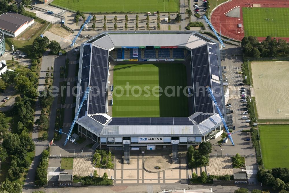 Rostock from the bird's eye view: Sports facility grounds of the Arena stadium DKB-Arena in Rostock in the state Mecklenburg - Western Pomerania