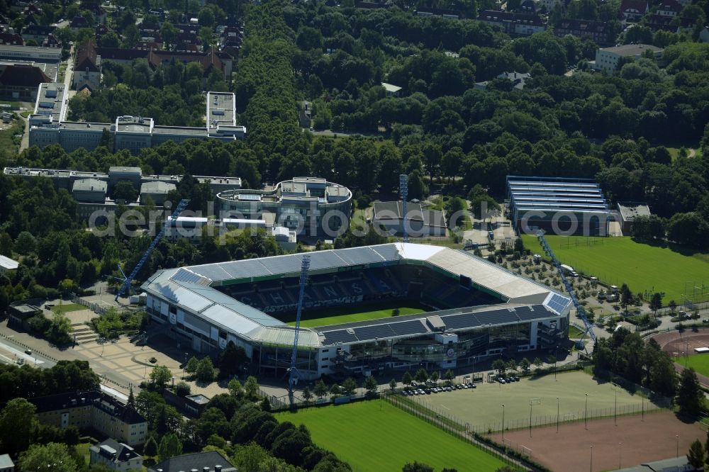 Rostock from the bird's eye view: Sports facility grounds of the Arena stadium in Rostock in the state Mecklenburg - Western Pomerania