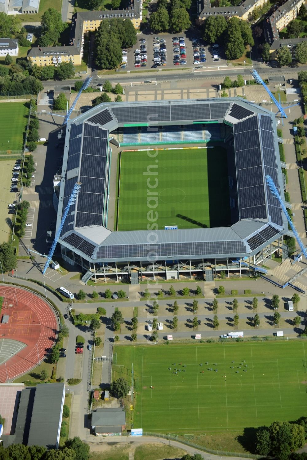 Rostock from the bird's eye view: Sports facility grounds of the Arena stadium in Rostock in the state Mecklenburg - Western Pomerania