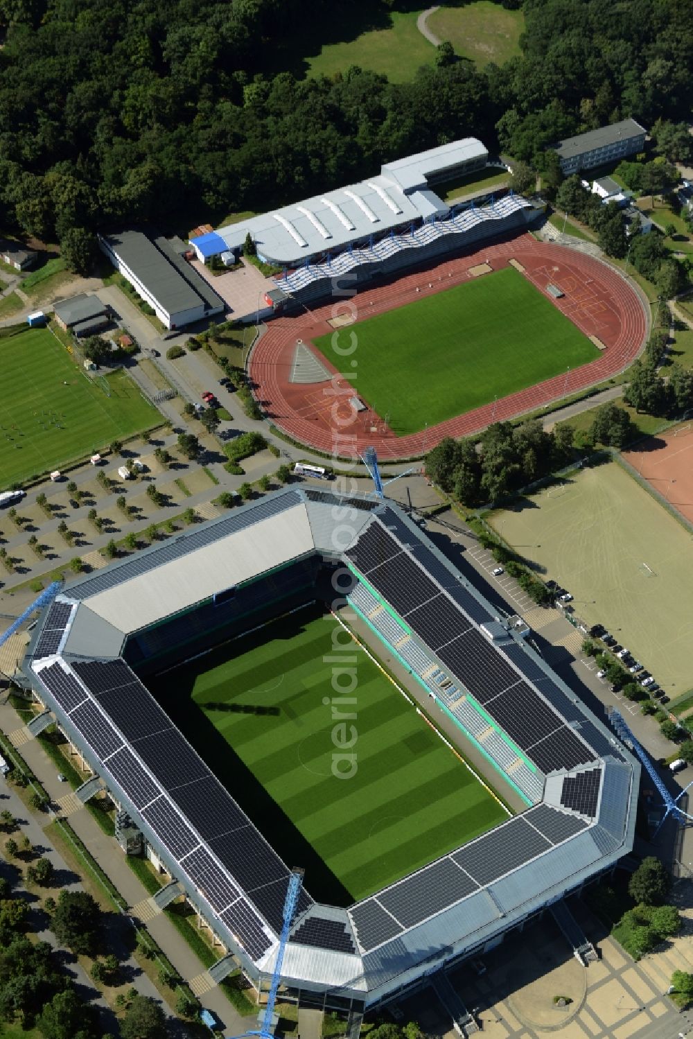 Aerial photograph Rostock - Sports facility grounds of the Arena stadium in Rostock in the state Mecklenburg - Western Pomerania