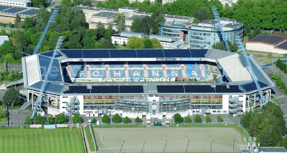 Rostock from the bird's eye view: Sports facility grounds of the Arena stadium in Rostock in the state Mecklenburg - Western Pomerania