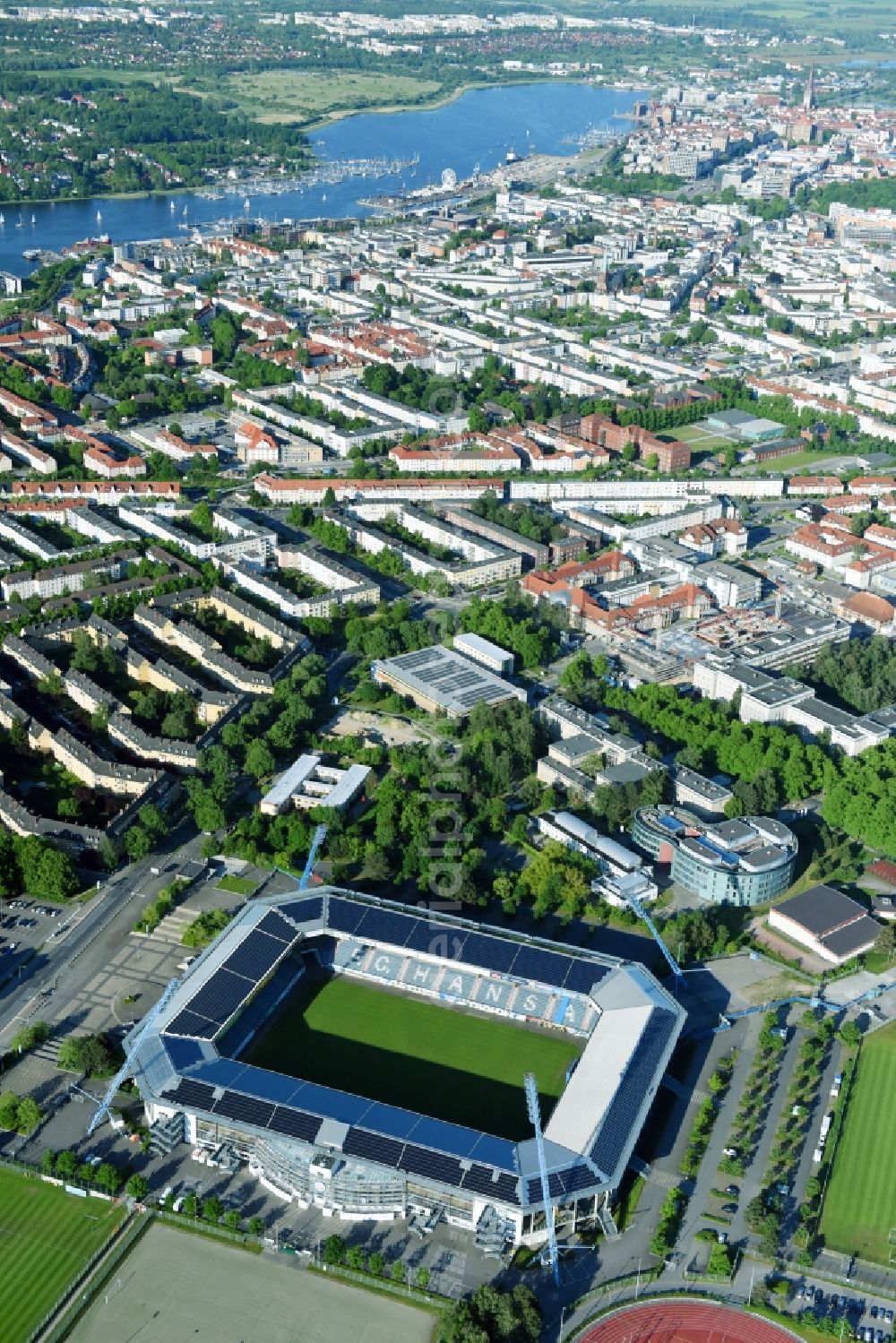 Aerial photograph Rostock - Sports facility grounds of the Arena stadium in Rostock in the state Mecklenburg - Western Pomerania