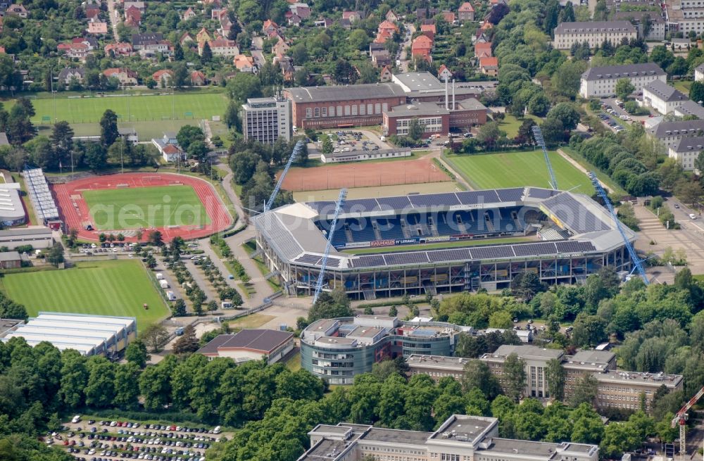 Aerial photograph Rostock - Sports facility grounds of the Arena stadium in Rostock in the state Mecklenburg - Western Pomerania